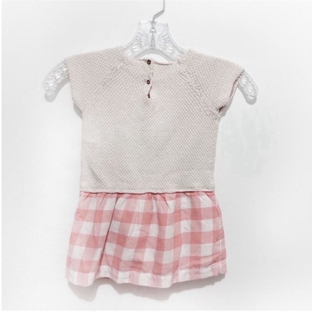 Zara BabyGirl sweater dress tan red gingham knit cap sleeves drop waist - Picture 8 of 8